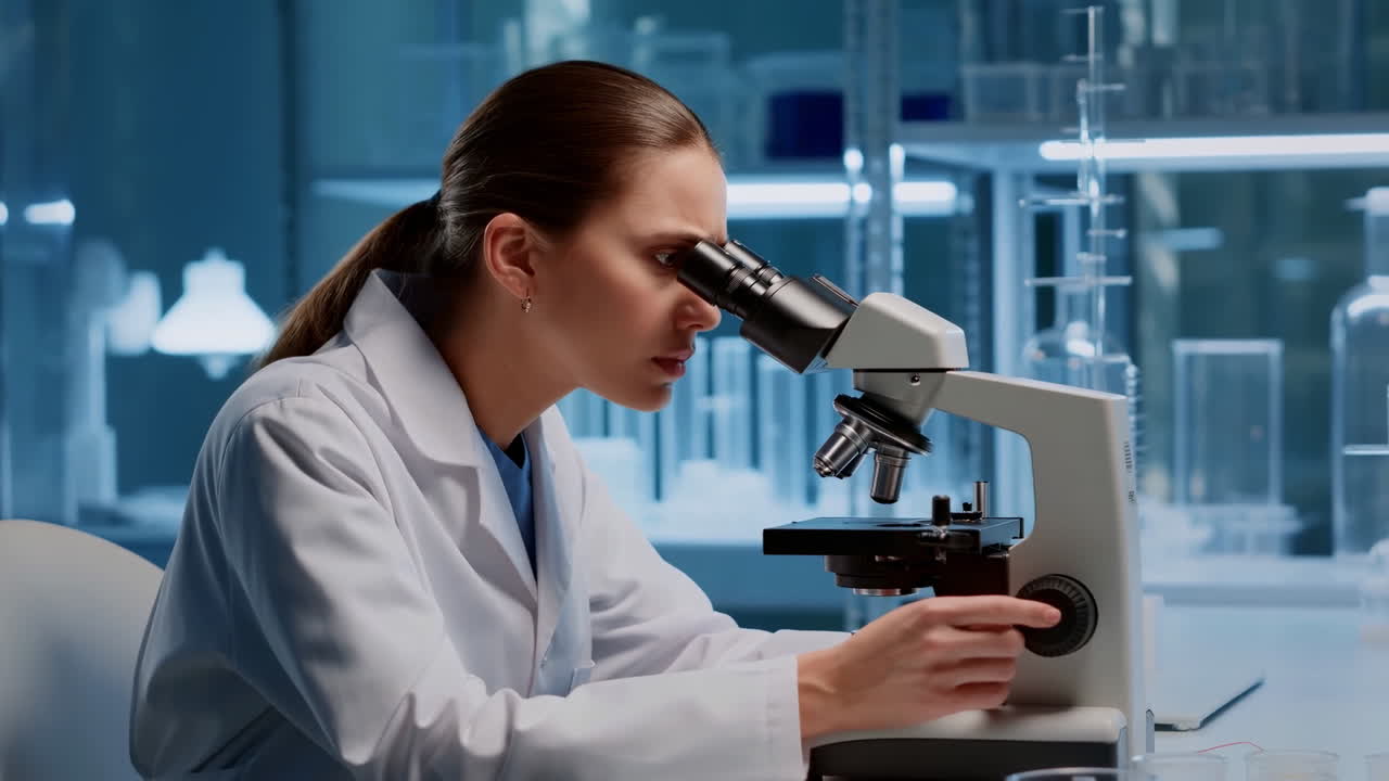 Female Scientist Working with Microscope in a Modern Laboratory