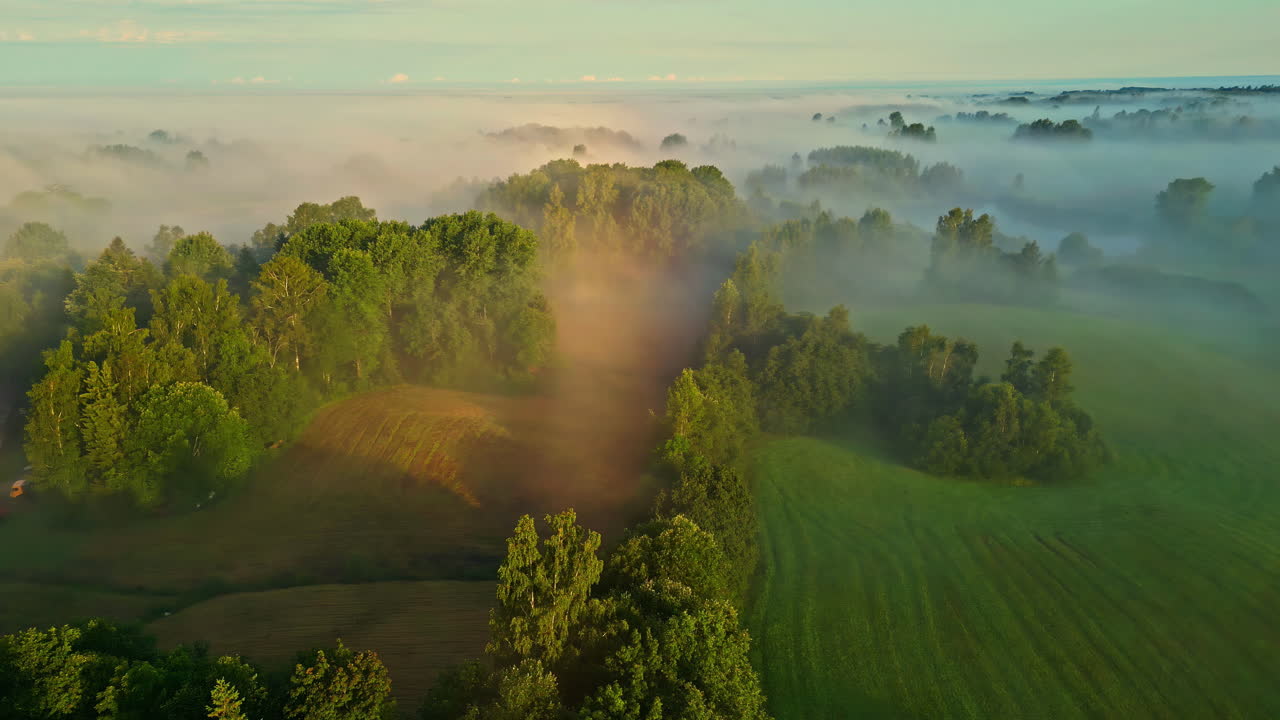 Drone flying sideways in front of a farm, trees and rural fields, foggy sunrise