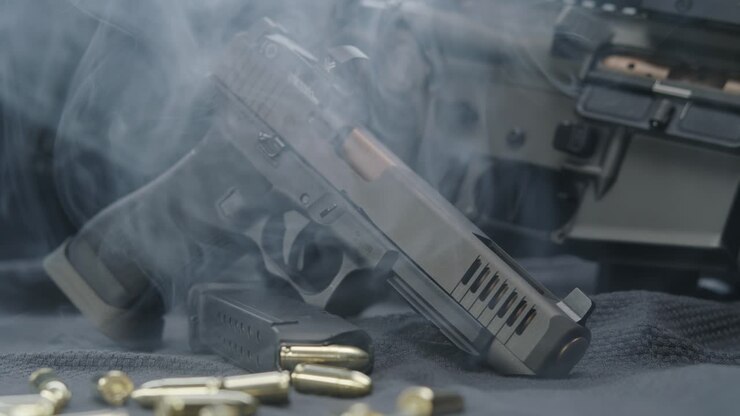 Atmospheric View of Guns on Table with Smoke
