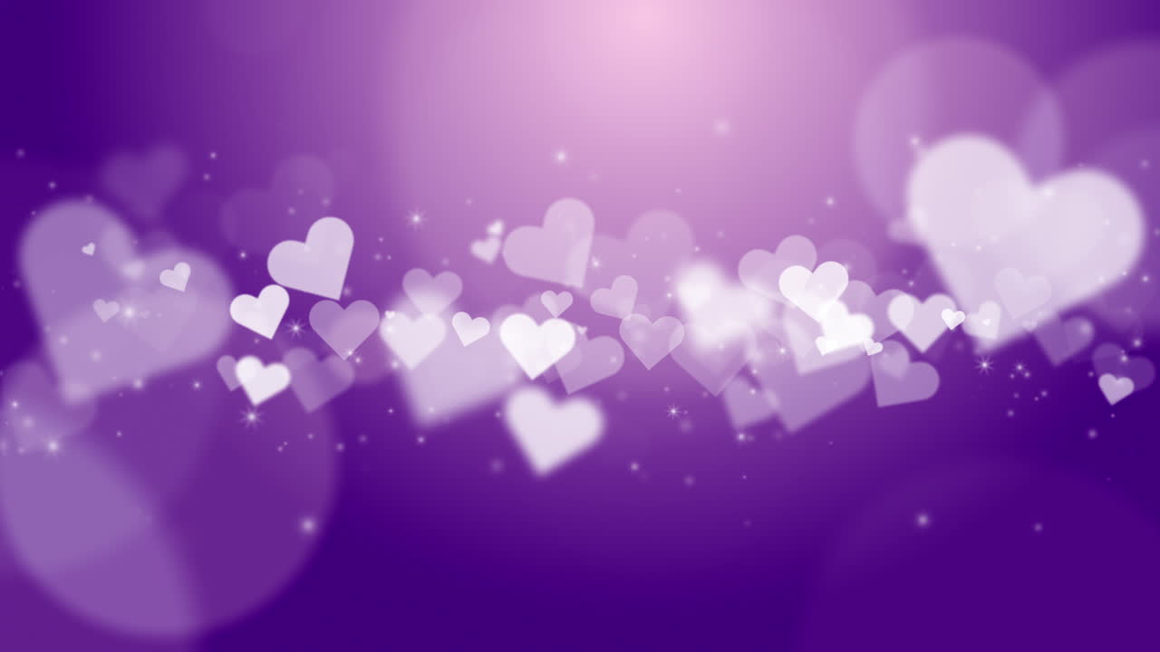 Abstract romantic purple background with strip of flying hearts. Nice blurred bokeh. Looped love animation. Copy space.