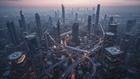 aerial view of a futuristic cityscape at dusk, showcasing modern skyscrapers, complex transport systems, and vibrant urban life under the soft glow of sunset
