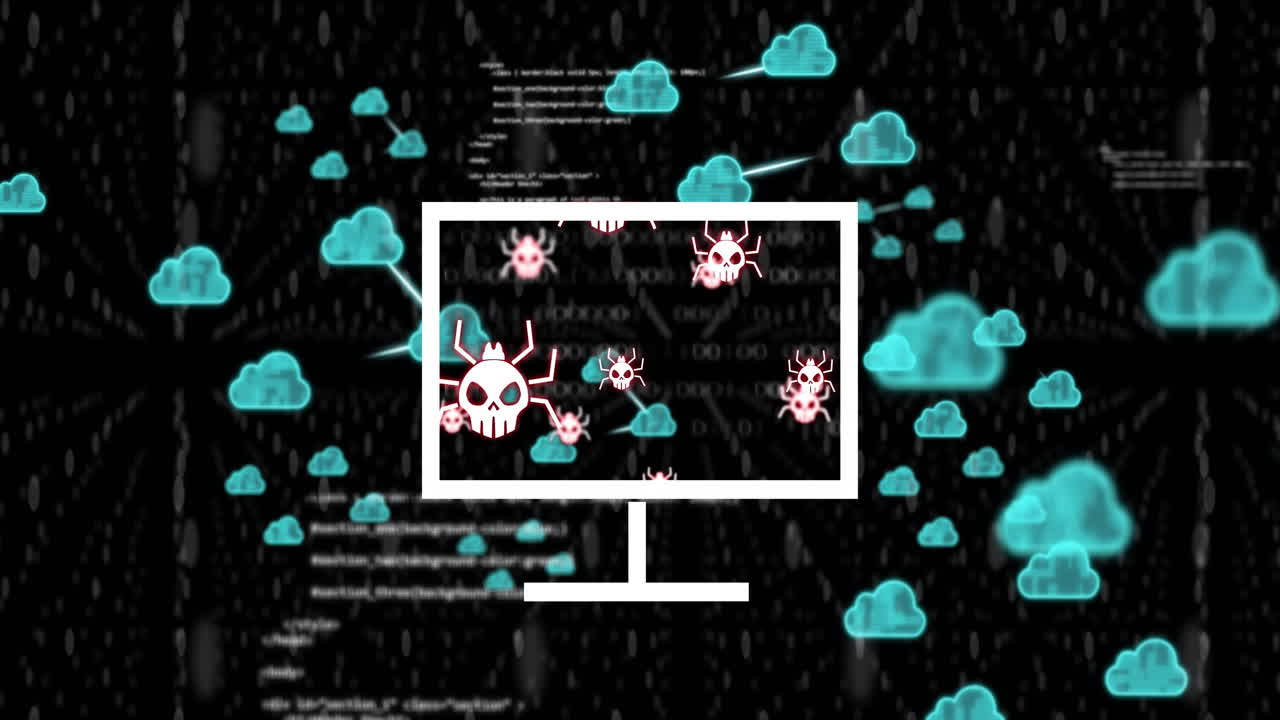 pantalla de computadora con iconos de virus sobre computación en la nube y animación de seguridad de datos