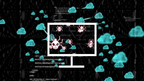 pantalla de computadora con iconos de virus sobre computación en la nube y animación de seguridad de datos