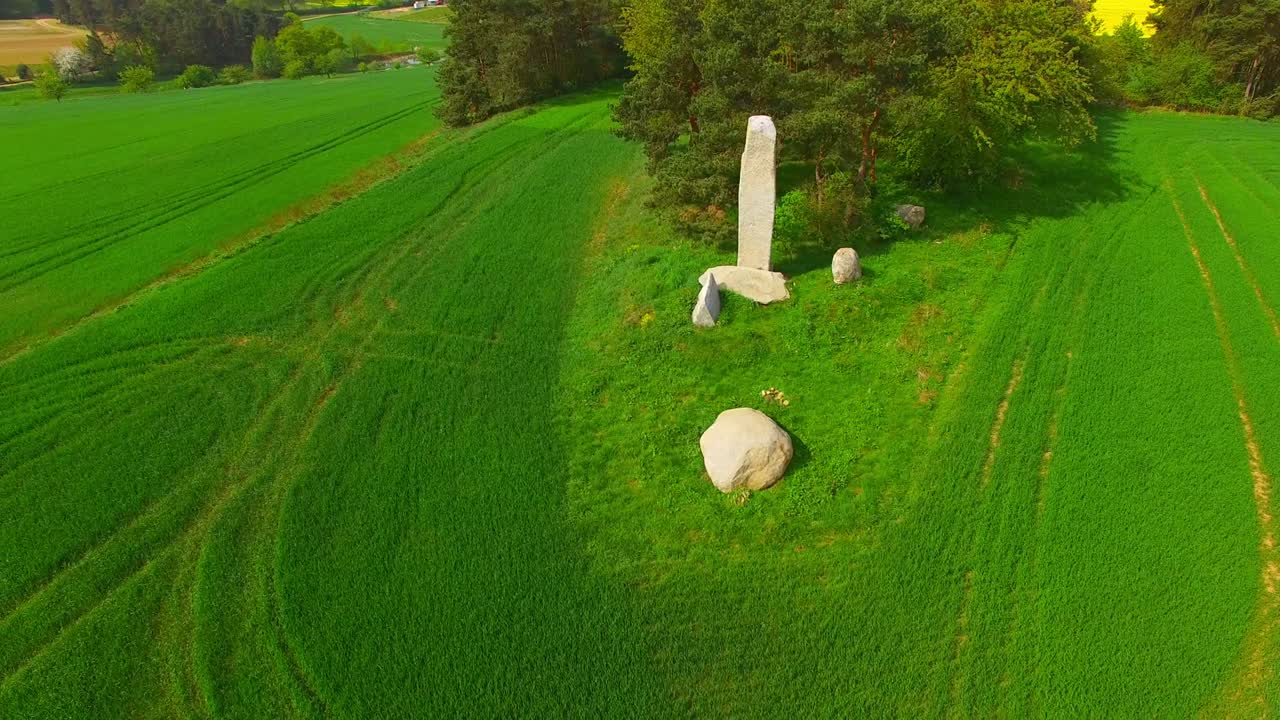 полет камеры вокруг древнего каменного памятника. менгиры и дольмены возле тесовице. известное место для ежегодных ритуалов лечения бесплодия. таинственная достопримечательность в чешской республике, центральной европе.