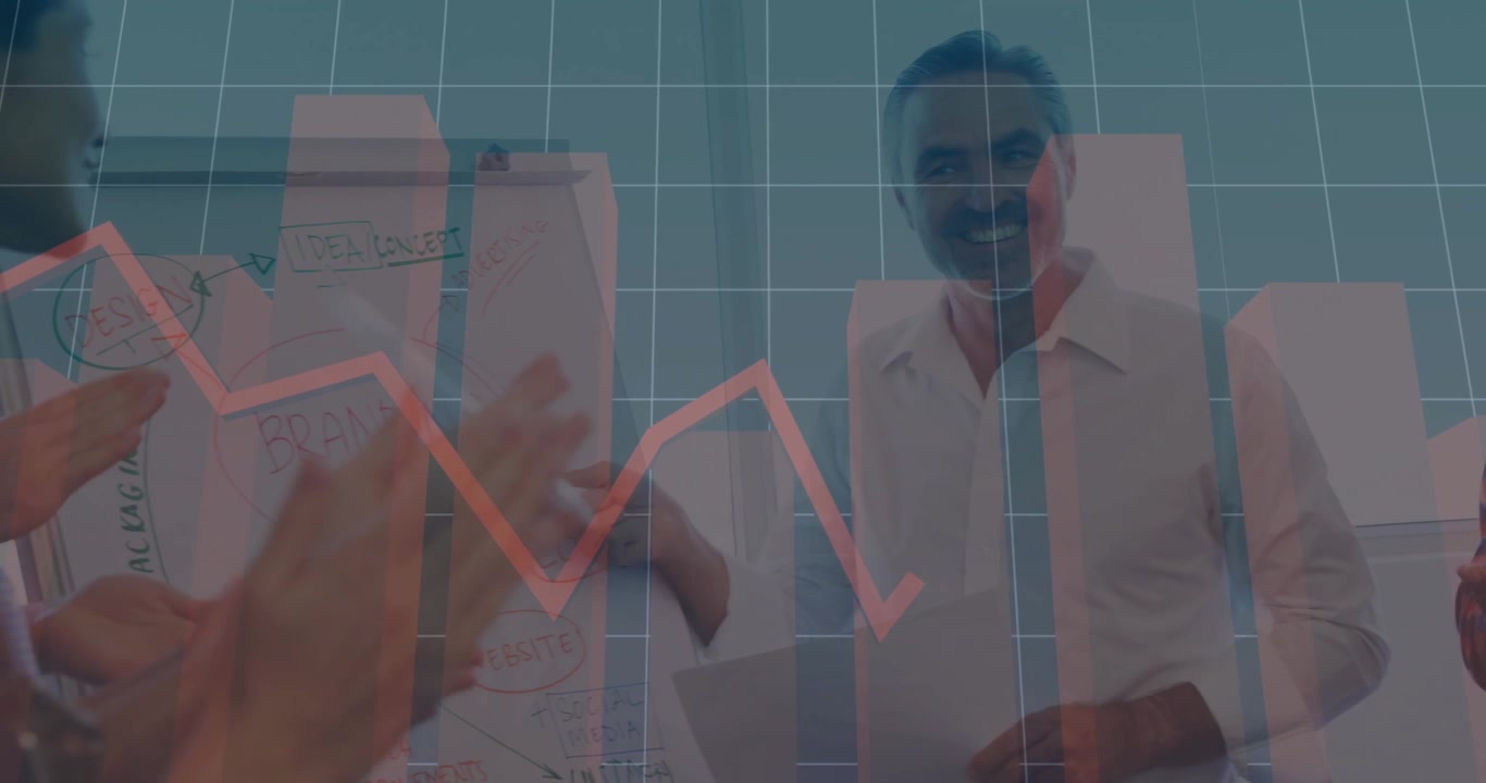 Businessman presenting papers in conference room, showing animated bar and line graph overlay