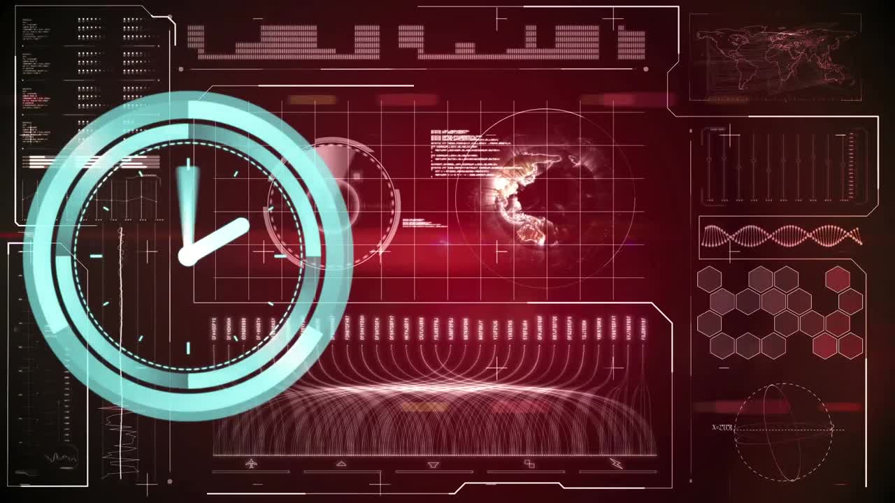 빨간색 배경에 시계와 데이터 처리의 애니메이션