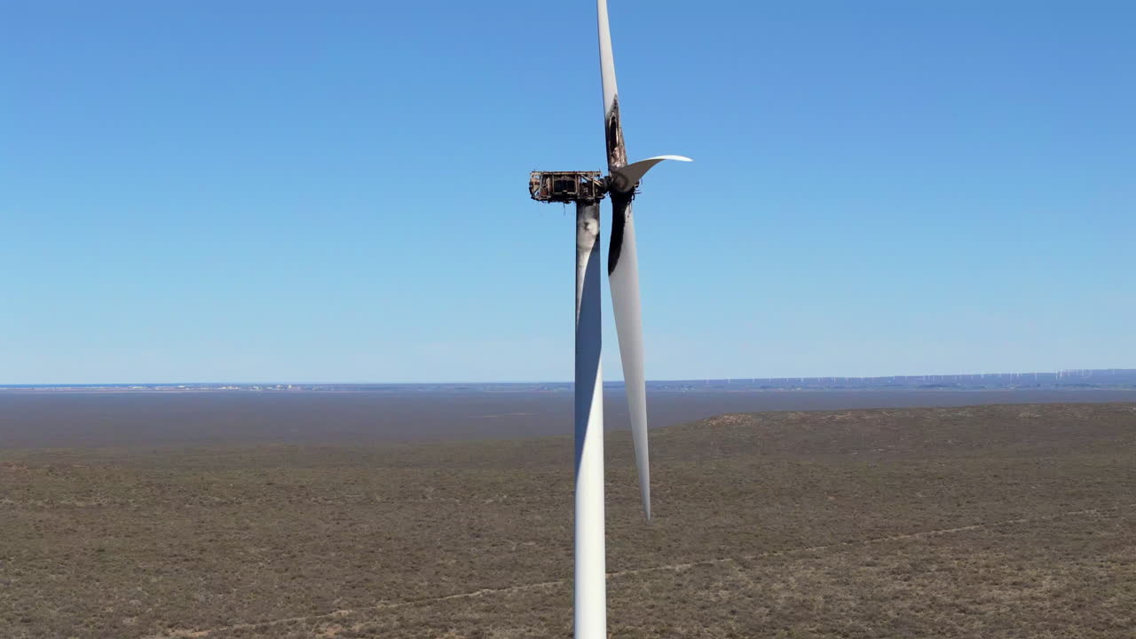 Aerial view of lonely burned out wind turbine in Patagonia, Chubut, Argentina.