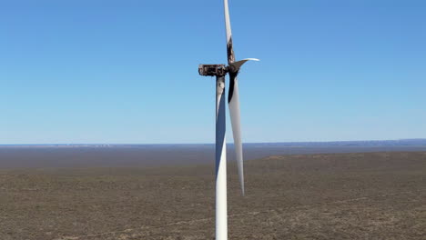 Aerial view of lonely burned out wind turbine in Patagonia, Chubut, Argentina.