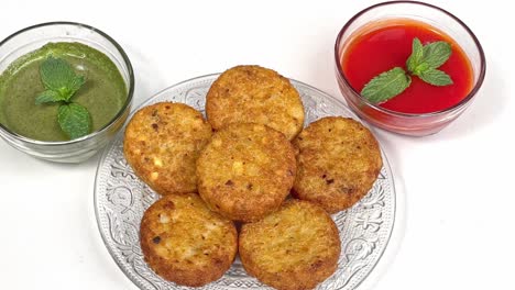 Aloo-Tikki-Ragda-Patties-Cutlet-is-a-popular-snack-or-snack-from-India,-Served-with-Tomato-Ketchup-or-Imli-chutney-over-background