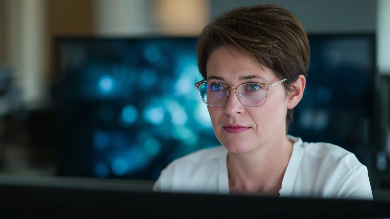 Reacting to monitor updates, office woman tracking screen at desk, wearing light blouse and glasses