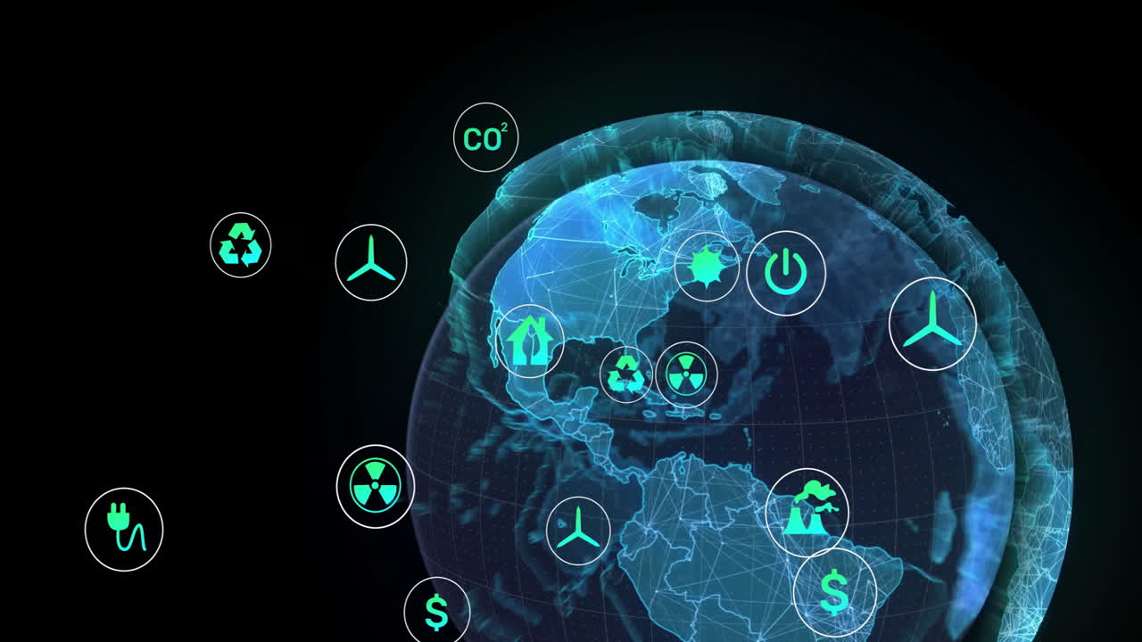 Holographic globe rotating over grid, showing floating green energy and eco icons around Americas