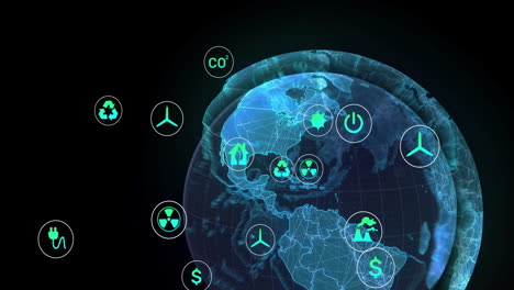 holographic globe rotating over grid, showing floating green energy and eco icons around americas
