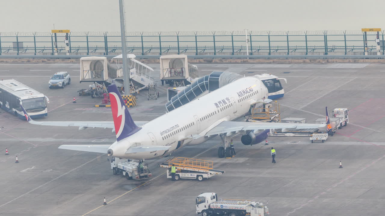 空港で旅客機を整備するグランドクルーのタイムラプス
