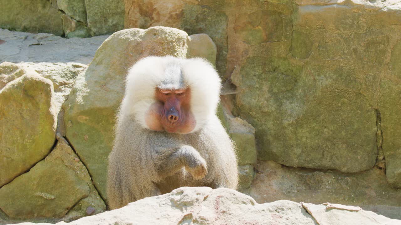 A Hamadryas baboon sits on rocky terrain in a sunlit zoo enclosure, eating and yawning. The camera remains steady with natural daylight illumination