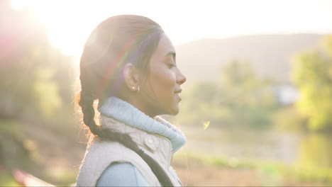 sunrise, nature and face of woman breathing