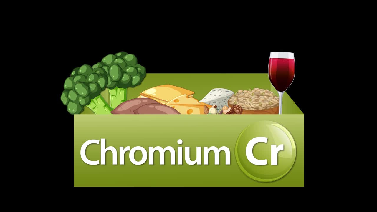 Green box unfolds to reveal chromium rich foods in smooth, minimal, front-facing nutrition animation