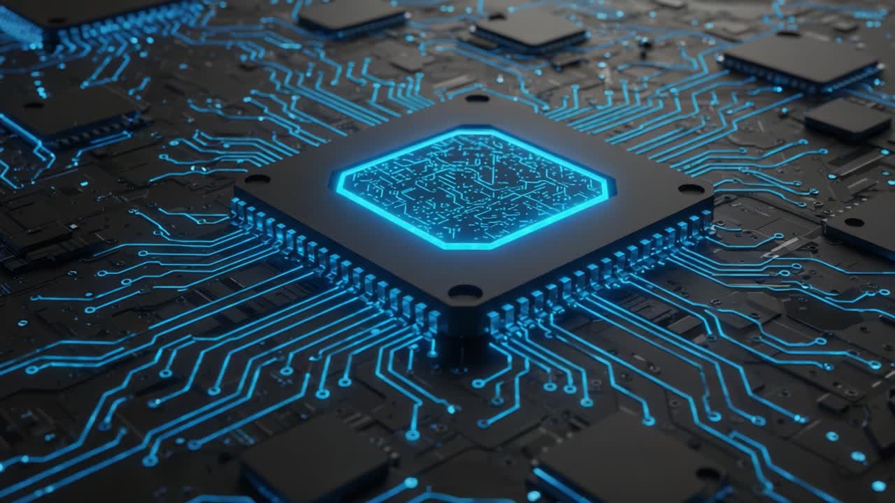 A Close-Up View of an Advanced Electronic Circuit Board with a Central Processor and Intricate Blue Electrical Connections on a Dark Background