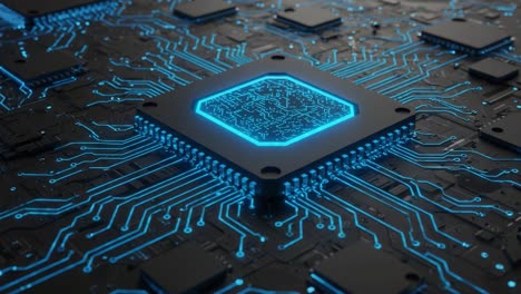 a close-up view of an advanced electronic circuit board with a central processor and intricate blue electrical connections on a dark background