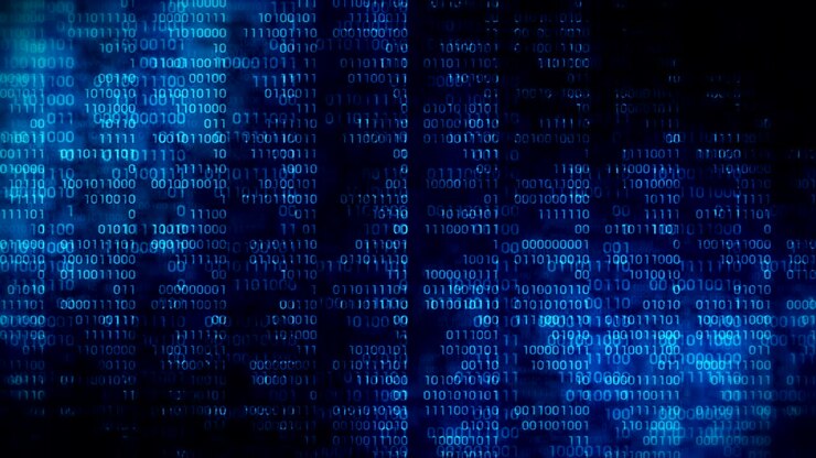 Binary code dark blue background. Web online streaming with digital technology loop animation. Number zero and one. Computer network.