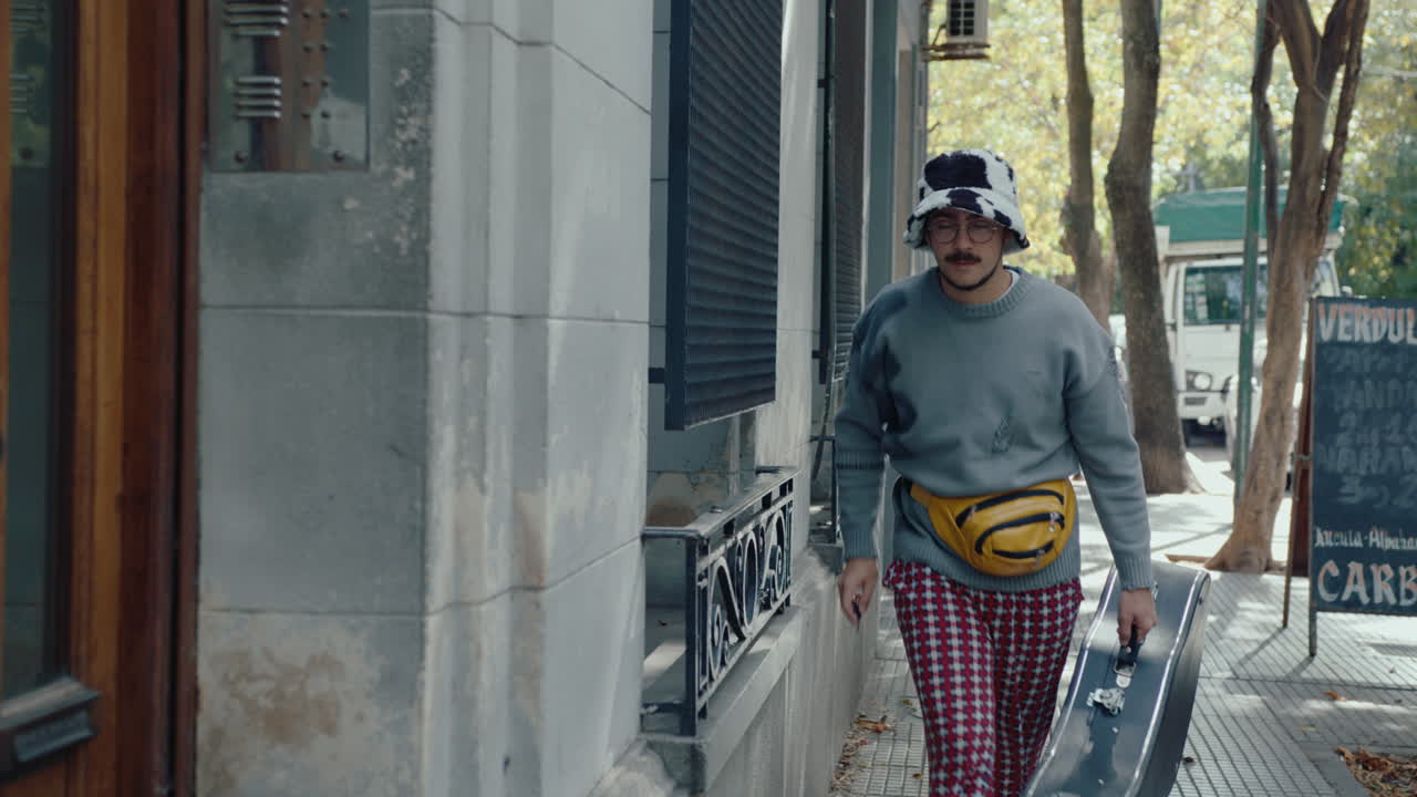 Young Man with Guitar Coming Back Home