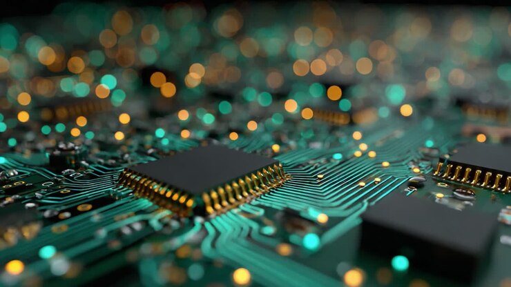Nærbillede af et indviklet printkort med mikrochips og levende LED-lys, der viser avanceret elektronisk teknologi
