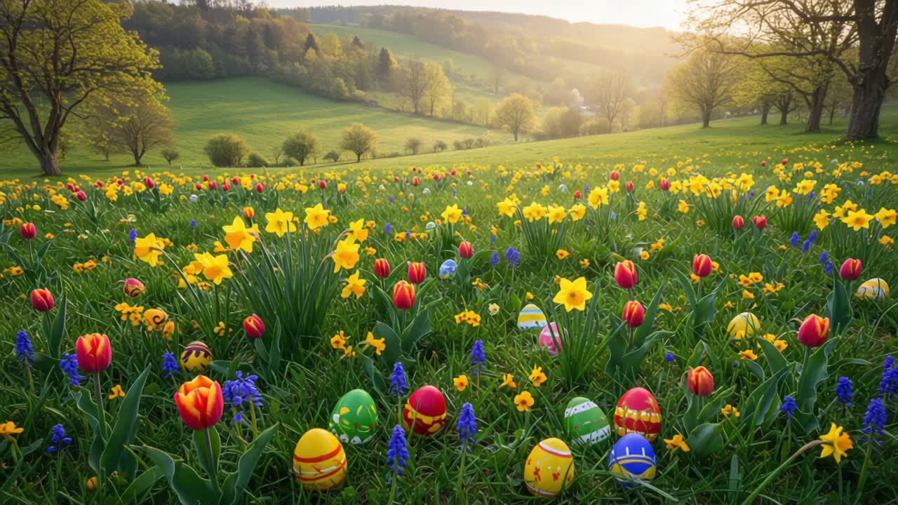 Un vivace prato primaverile adornato con uova di Pasqua colorate e fiori sbocciati, che cattura l'essenza della celebrazione stagionale nello splendore della natura