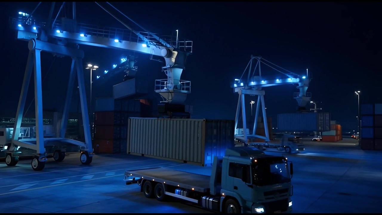 Gantry Crane Loading Shipping Container onto Truck at Night Port