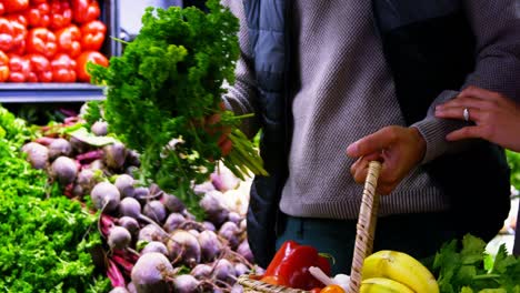 couple selecting vegetables from organic section