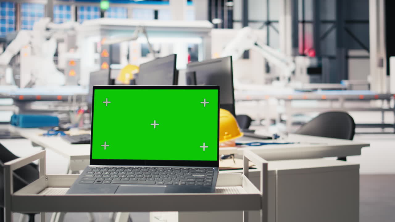 Empty desk with laptop running green screen in solar panel manufacturing plant