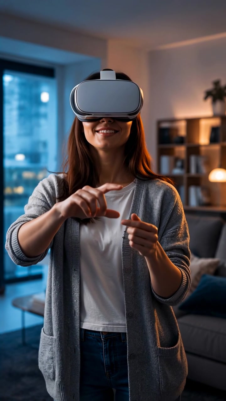 Donna sorridente che indossa un visore VR e gesticola con entrambe le mani in un accogliente soggiorno, con un divano, una lampada e uno sfondo leggermente sfocato intorno a lei.