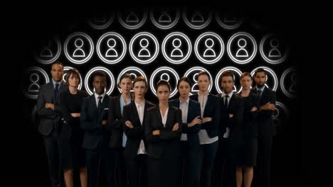 animation of diverse business people over icons on black background