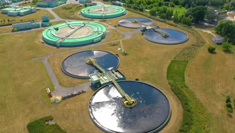 aerial view of modern water cleaning facility at urban wastewater treatment plant