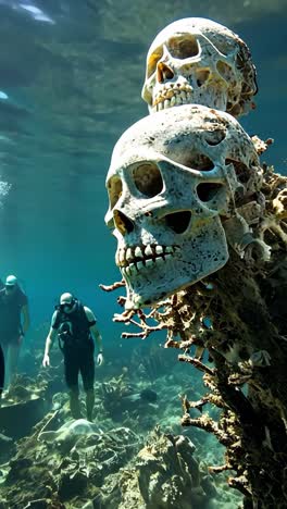 divers explore an underwater sculpture garden with coral skulls