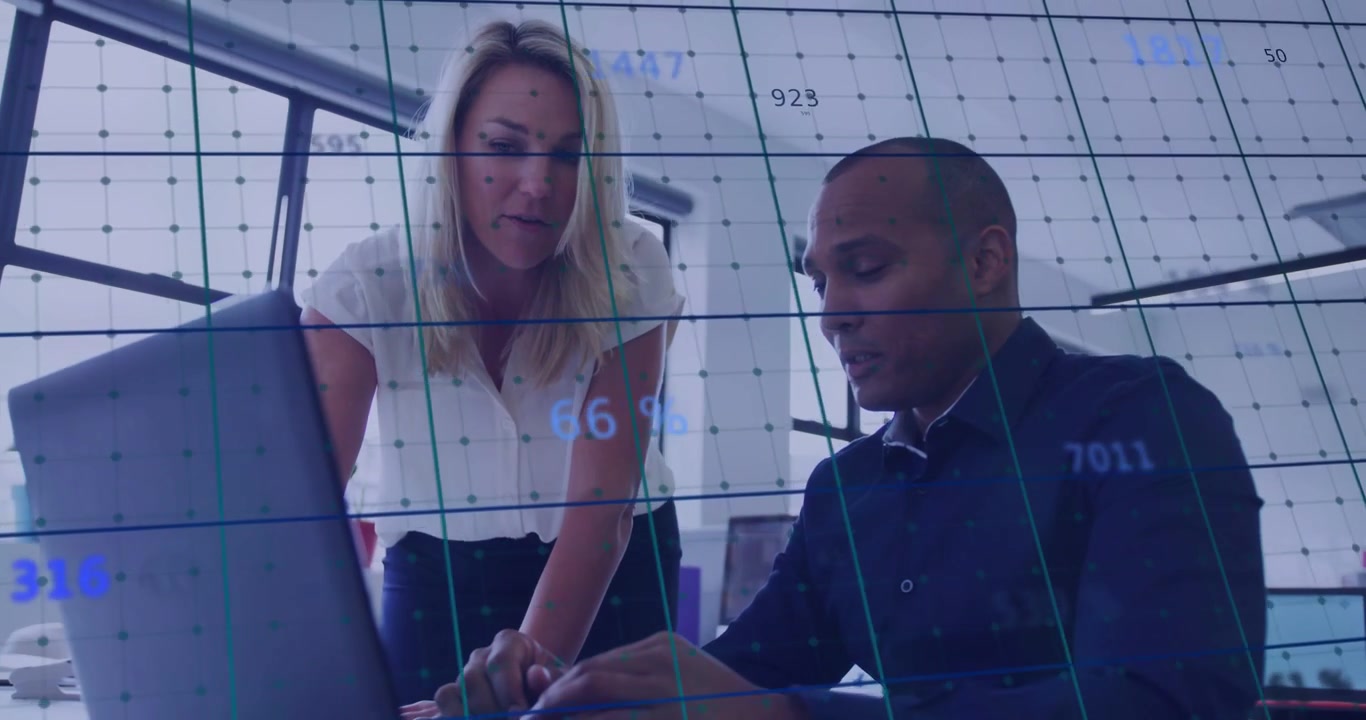 Standing woman pointing at laptop, starting business review, man typing gesturing, data grid moving