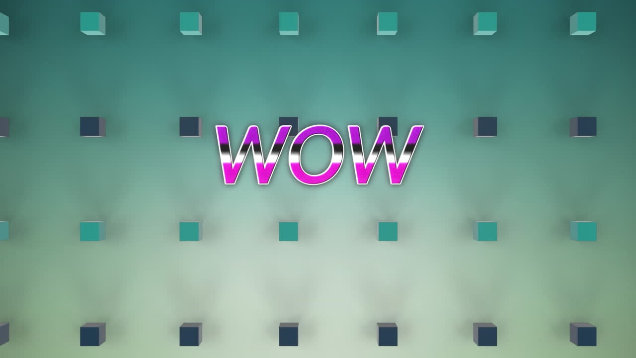 animación de banner de texto wow contra formas cuadradas 3d en fondo de gradiente azul