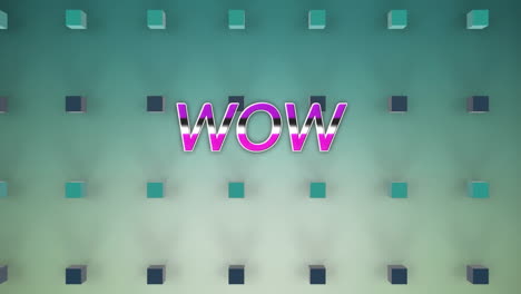 animación de banner de texto wow contra formas cuadradas 3d en fondo de gradiente azul