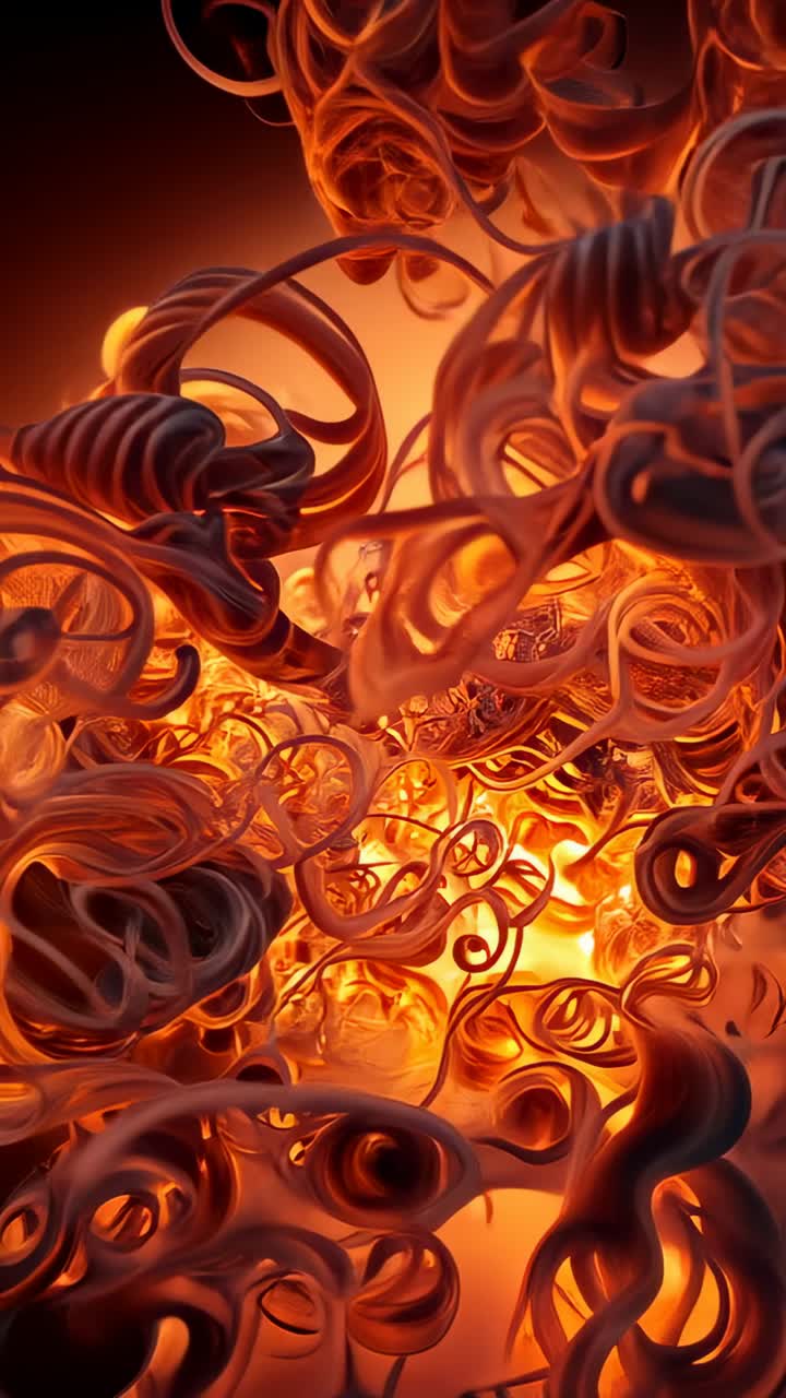 Vertical video: Moving camera through curled filaments in CGI closeup, revealing glowing amber core