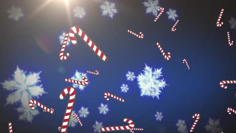 Digitale-Animation-Mehrerer-Schneeflocken-Und-Zuckerstangen,-Die-Gegen-Einen-Hellen-Lichtfleck-Fallen
