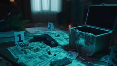 closeup shot of the table with evidence numbers jewellery gun and blood on the money bills in the crime scene creative concept closeup shot of the table in the dark apartment with signs of murder money bills with blood handgun and jewellery with evidence numbers laying on the table