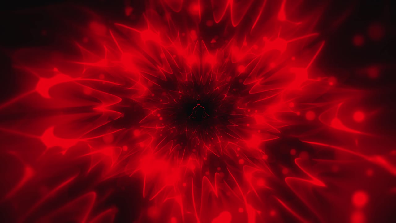 명상하는 사람의 영적 여정: 로터스 요가 자세에서 아름답고 다채로운 은 색의 추상적인 애니메이션의 중앙에 앉아 있습니다.