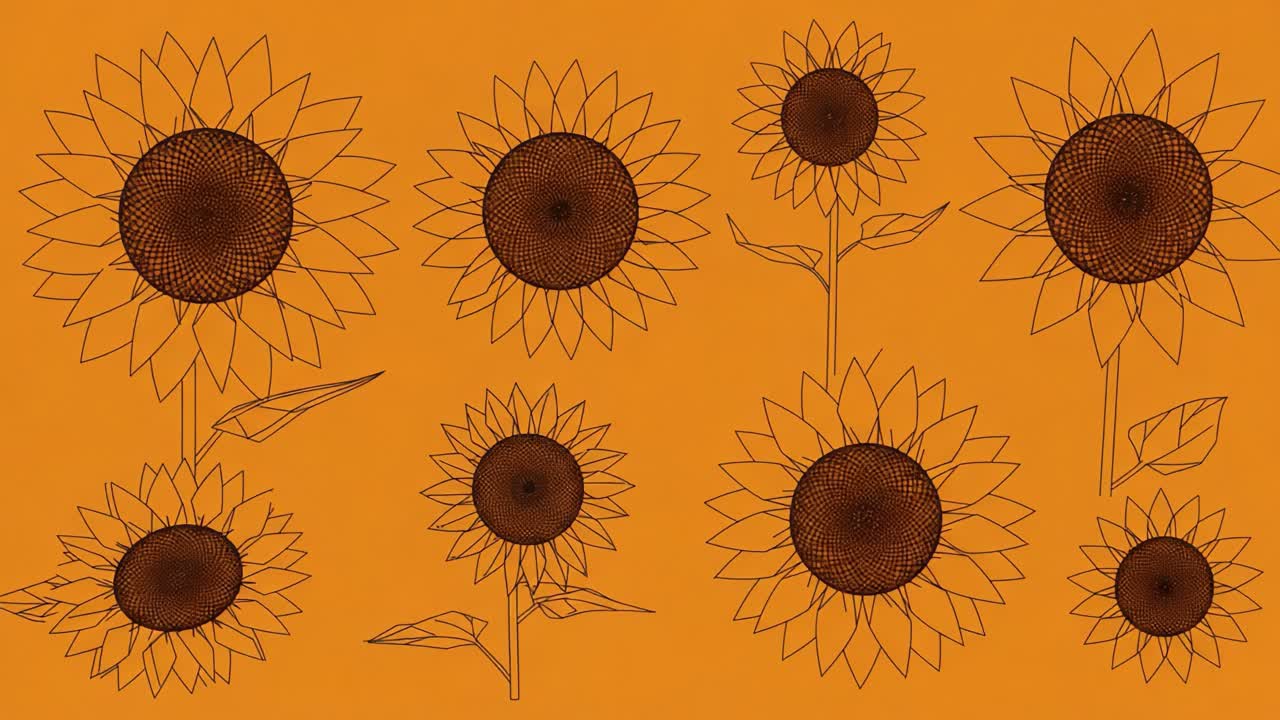 A Captivating Collection of Stylized Sunflowers on a Vibrant Orange Background, Showcasing Unique Designs and Artistic Patterns in Floral Artistry