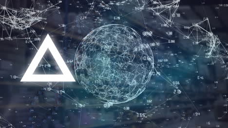 animación de una forma triangular abstracta en un patrón sin costuras y un globo de red de conexiones