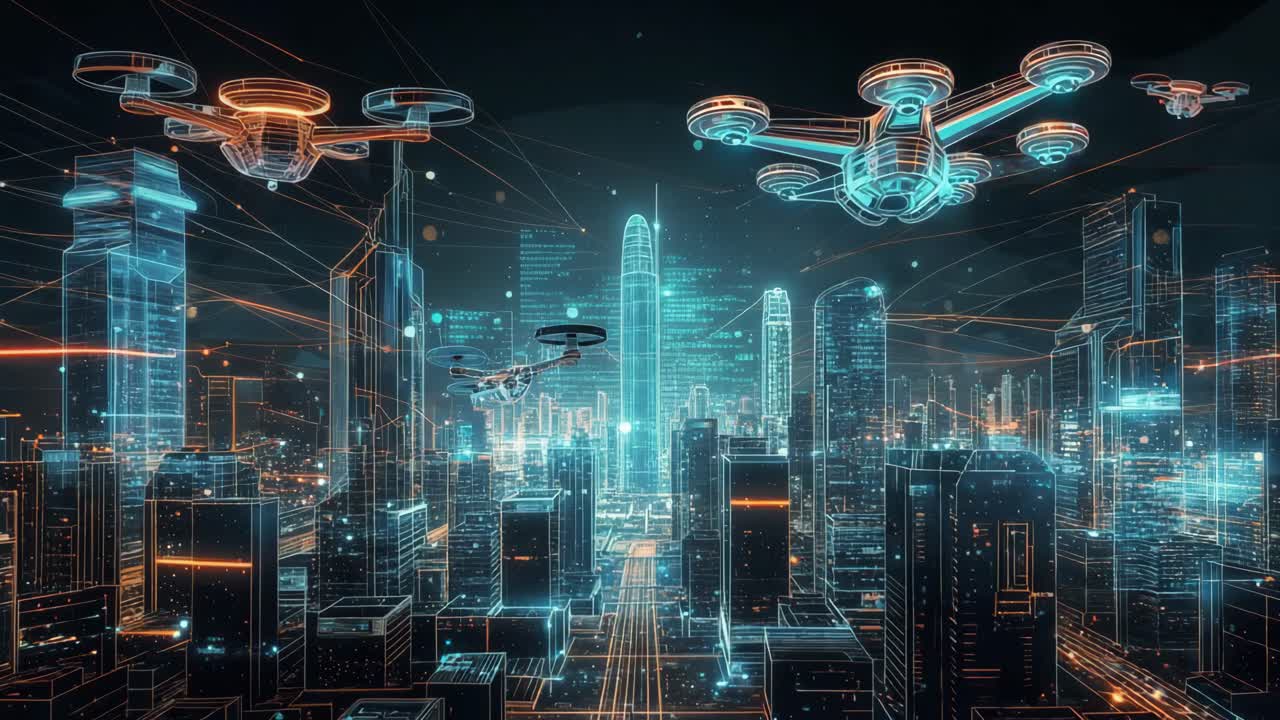 Futuristic Cityscape with Drones