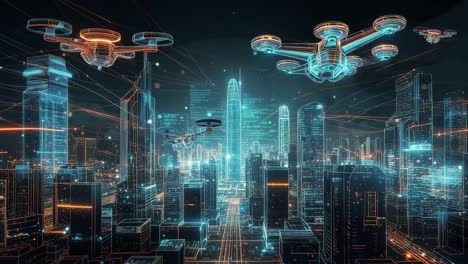 paisaje urbano futurista con drones