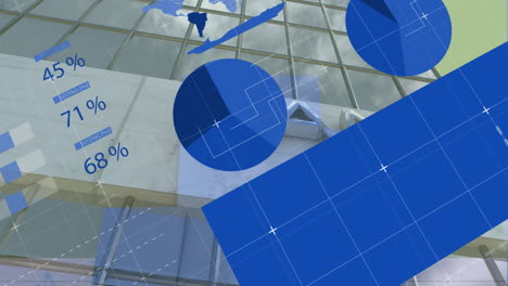 animación del procesamiento de datos estadísticos frente a una vista de ángulo bajo del edificio del banco