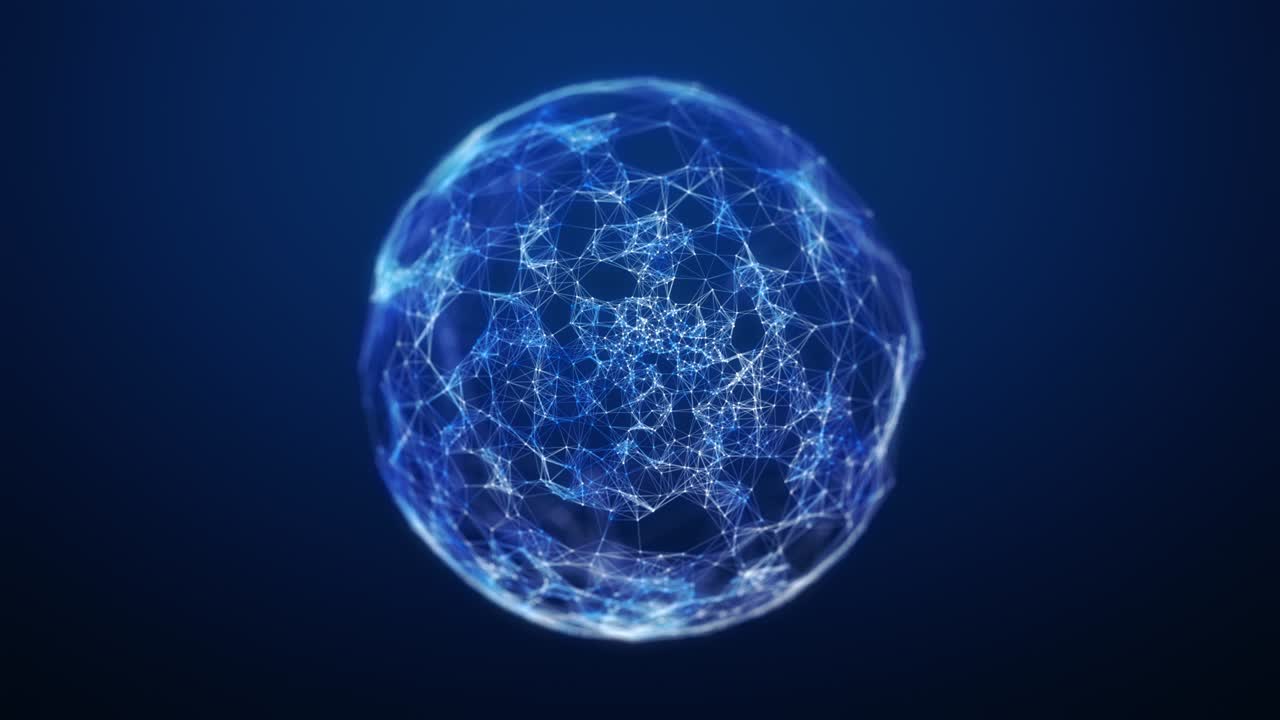 Abstract bright blue plexus sphere background. The appearance and disappearance of the sphere. Abstract plexus sphere for work theme, business or technology.