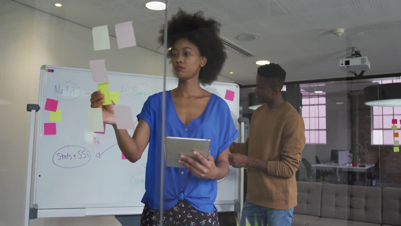 African american male and female business colleagues brainstorming in meeting room using glass wall