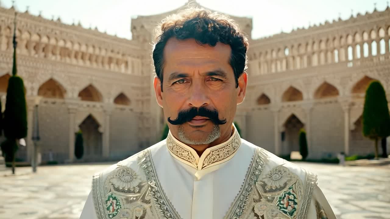 전통 페르시아 의 옷 을 입은 남자 가 역사적 인 궁전 앞 에 서 있다