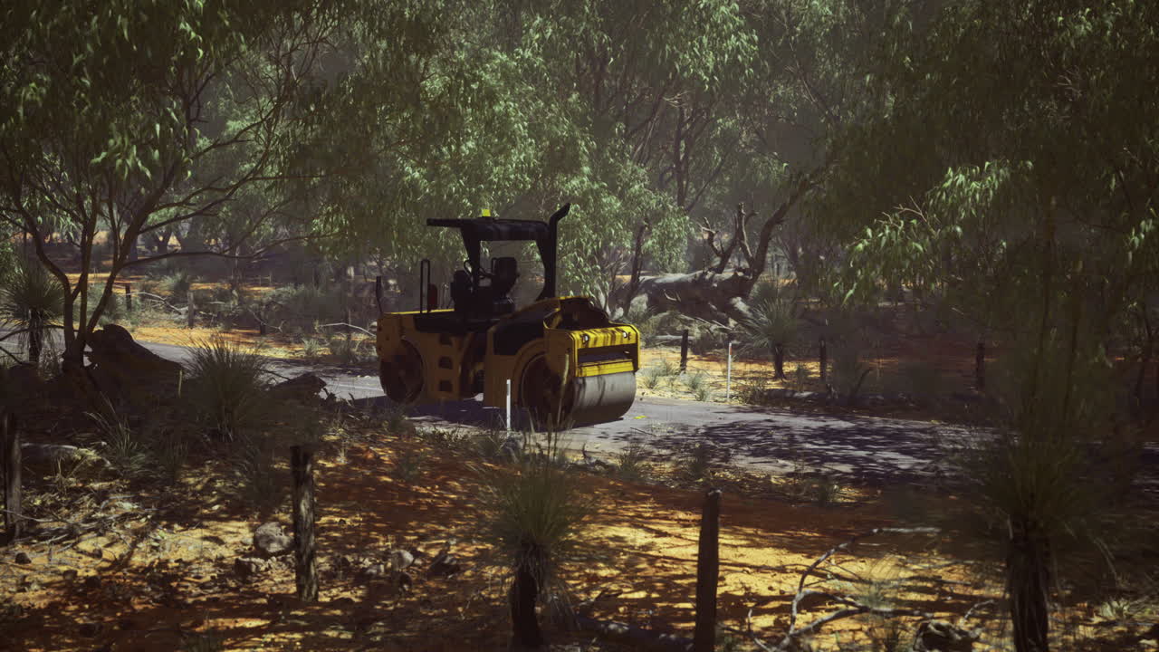 Construction machine prepares land in a serene forest during afternoon sunlight