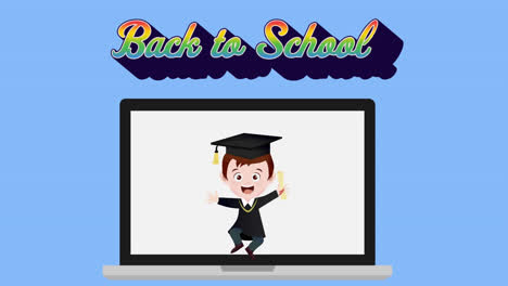 Animation-Von-„Back-To-School“-Texten-über-Schulartikel-Symbolen-Auf-Blauem-Hintergrund